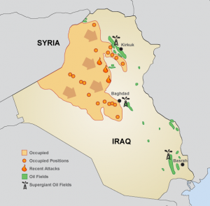 CALLOUT: Iraq’s two million barrels of crude oil per day coming from its southern oil fields represent roughly two-thirds of the country’s output.  Iraq held the fifth largest crude oil reserves in the world at the end of 2012, according to the EIA.  BP, Exxon Mobil, Shell and Chevron (ticker: CVX) are working in the southern Iraqi oil fields.