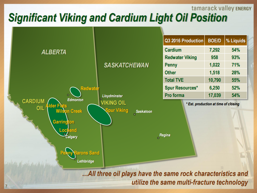 Tamarack Valley asset map and Q3'16 production