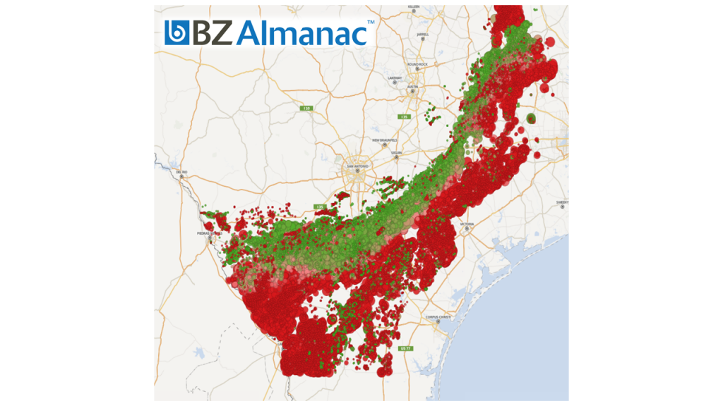 bzAlmanac map around San Antonio, Texas