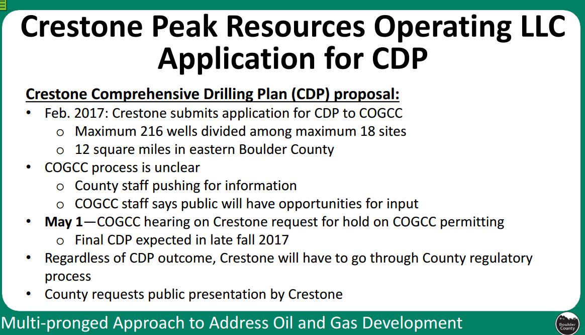 Edge of the Wattenberg: as Moratorium Expires Crestone Peak Attempts to bring Drilling Back to Boulder County Edge of the Wattenberg: as Moratorium Expires Crestone Peak Attempts to bring Drilling Back to Boulder County
