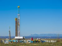 WPX Energy, Delaware basin. Three drilling rigs on multi-well pads. L to R: Orion Drilling, Pegasus on the CBR 22-10H, Aries on the CBR 22-14H.