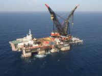 An aerial view shows the newly arrived foundation platform of Leviathan natural gas field, in the Mediterranean Sea, off the coast of Haifa