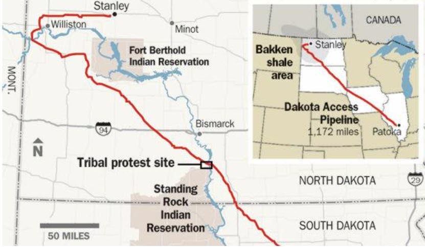 Figure 1: Map of the Dakota Access Pipeline Highlighting Protest Sites [8]