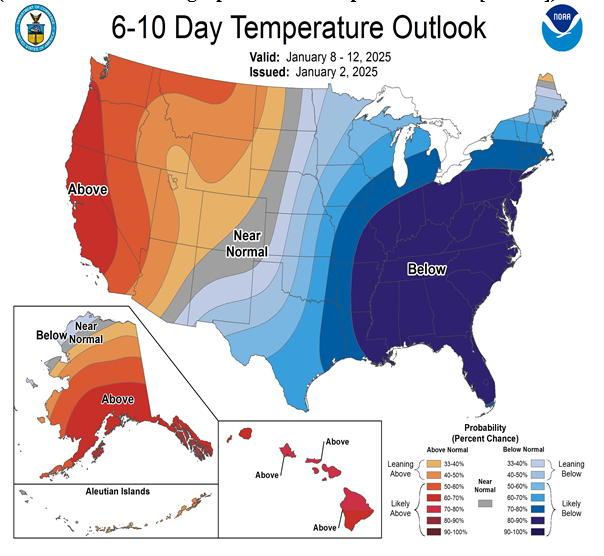 Figure 6: Temperature Forecast – January 8 – 12, 2024 - 6-10 Day Outlook; Departure from Normal (Src: National Oceanographic and Atmospheric Admin. [NOAA])